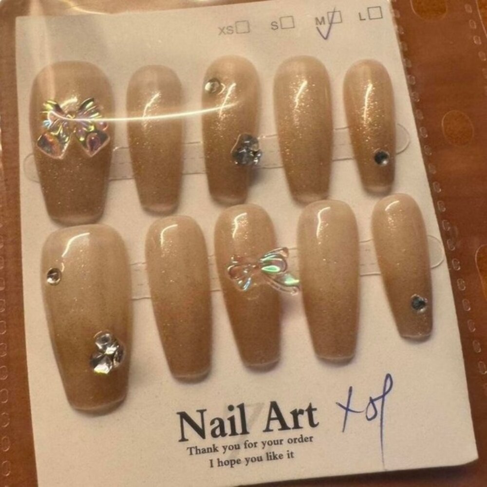 Press On Nails Nude Tan‎ Sparkle Bow Rhinestone Medium Almond Fake Nails
